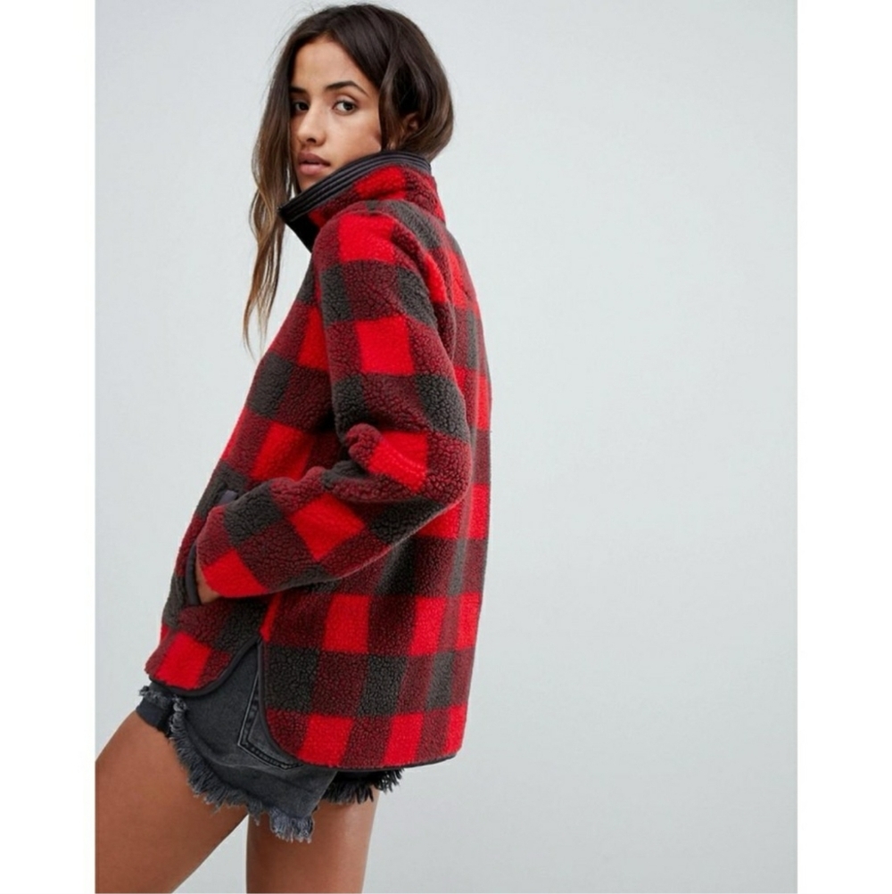Abercrombie & Fitch Sherpa Fleece Pullover Jacket Red Buffalo Plaid Small NWT